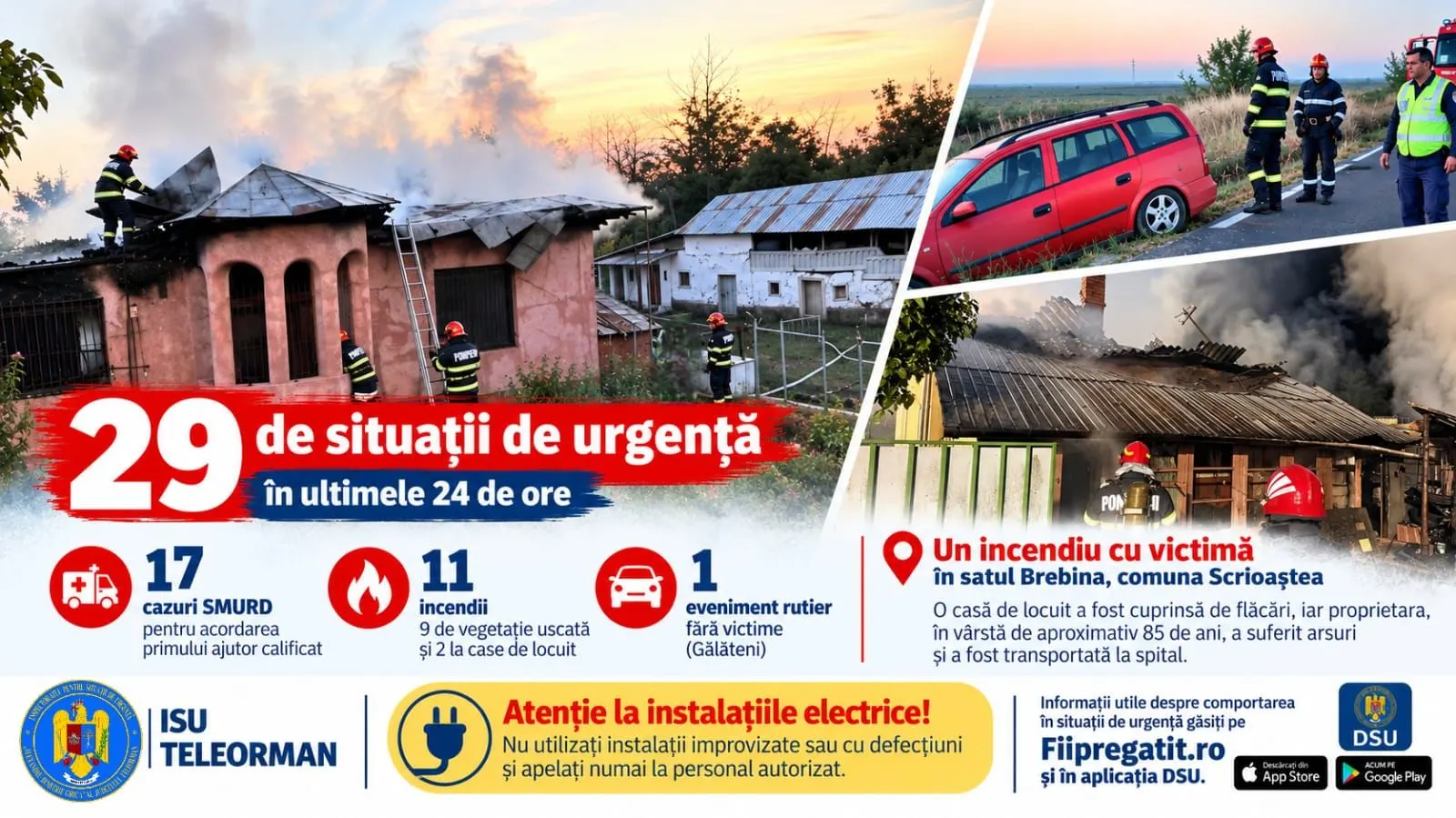 Casă distrusă la Brebina: femeie de ~85 de ani, arsuri pe ~40% din corp