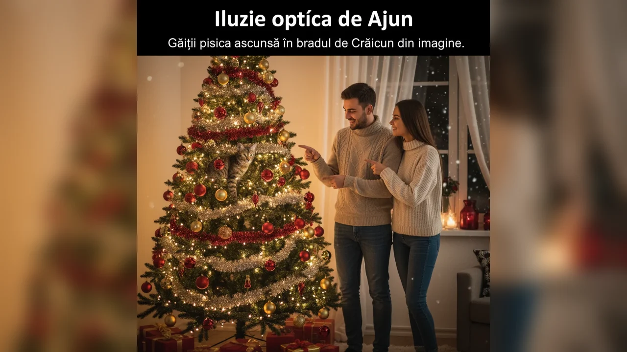 Descoperiți pisica ascunsă în bradul de Crăciun din fotografie